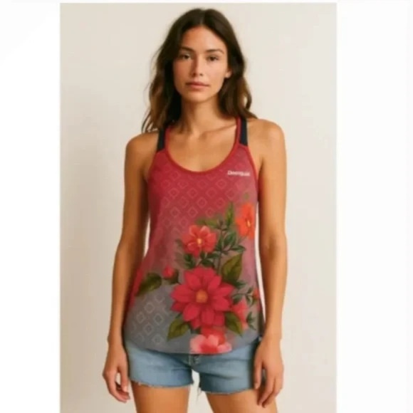 Desigual Pink Floral Burnout Tank Top Relaxed Tunic Lightweight Medium - Picture 2 of 5